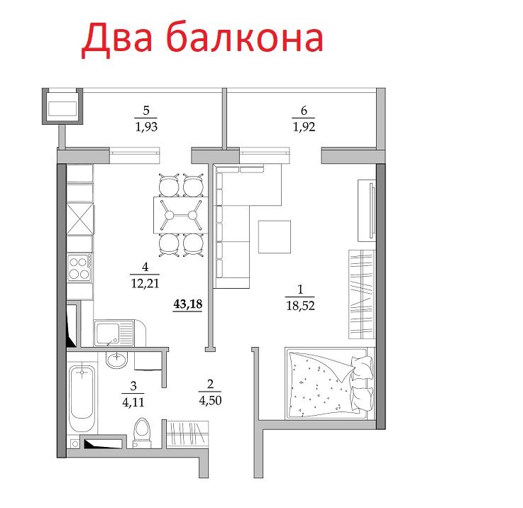 Однокомнатная квартира ЖК "Таировские сады" 46,6 м2 с двумя балконами